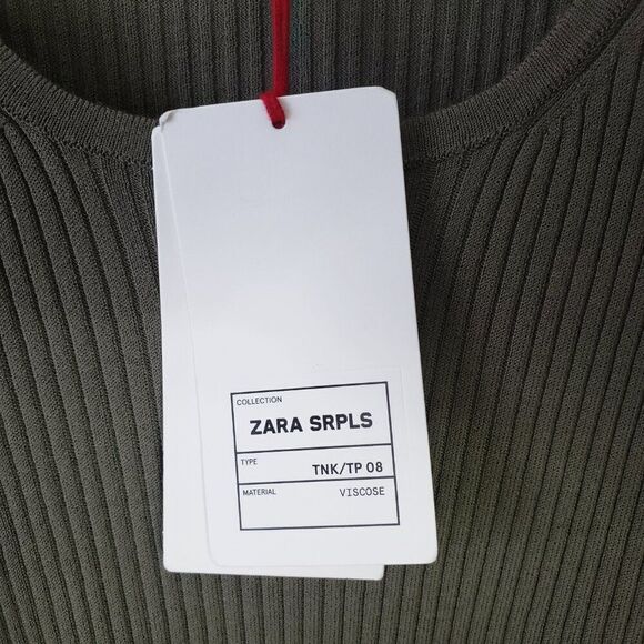 ZARA SRPLS Tank Top Size S Olive Green Pink Trim Ribbed Knit NEW Scoop Neck - Picture 3 of 7